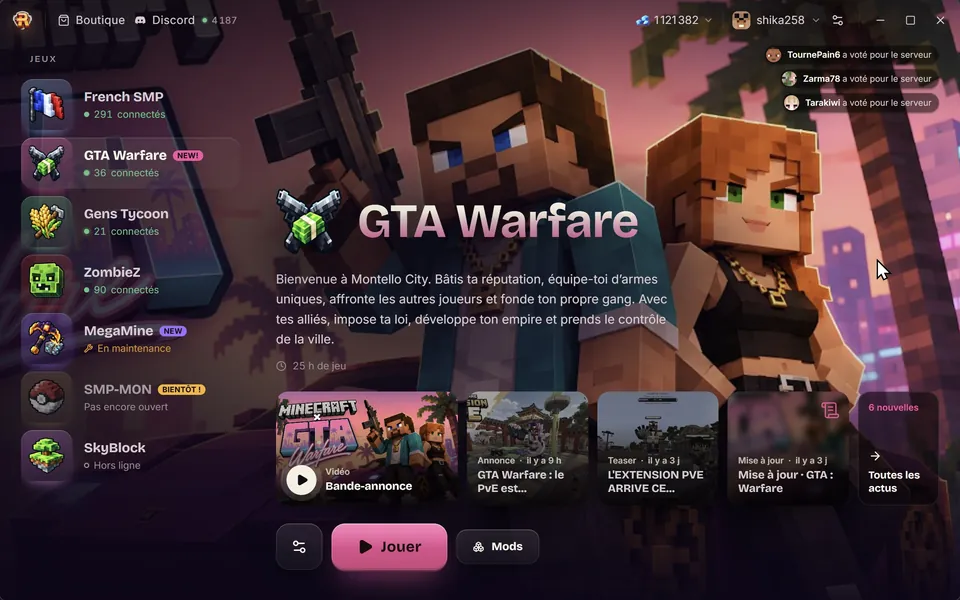 El launcher de Rinaorc: la lista de juegos con los jugadores conectados, las noticias y el botón Jugar