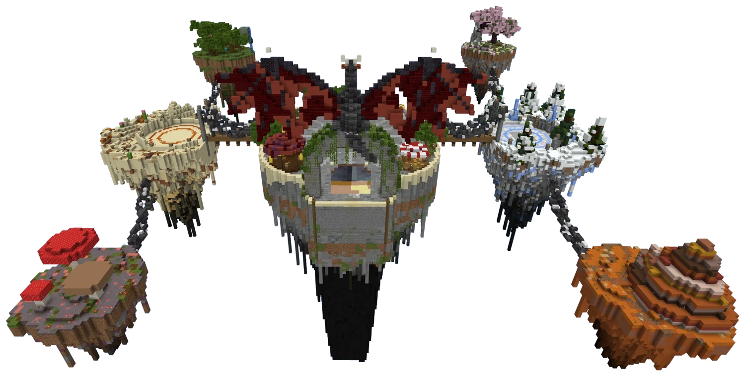Le spawn du SkyBlock et ses îles flottantes
